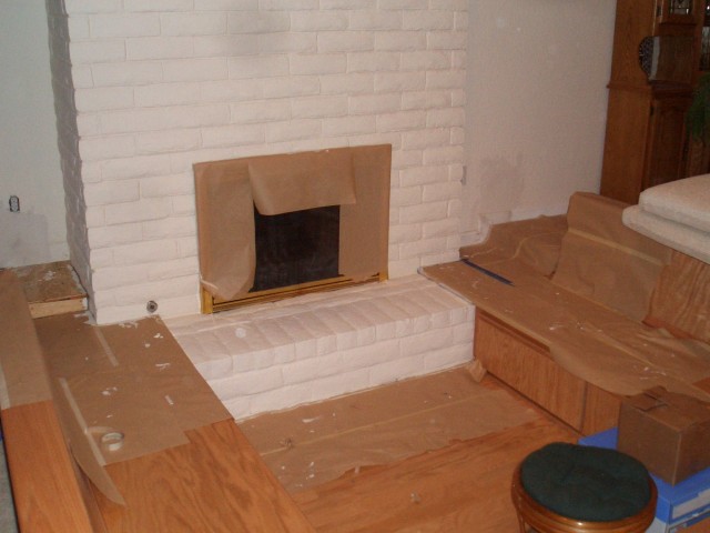 Water Damage Repair 10-Oct-06 02 paint fireplace protected new conversation pit cabinet.jpg
