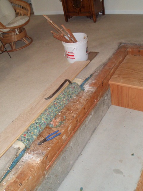 2005 August 29 Conversation Pit Day 2 Installation 02 removing carpet strip.jpg